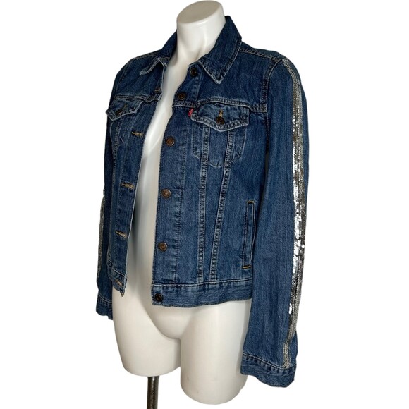 Levi's Original Trucker Silver Sequin Lola Blue Denim Jacket Size Medium - Picture 1 of 8